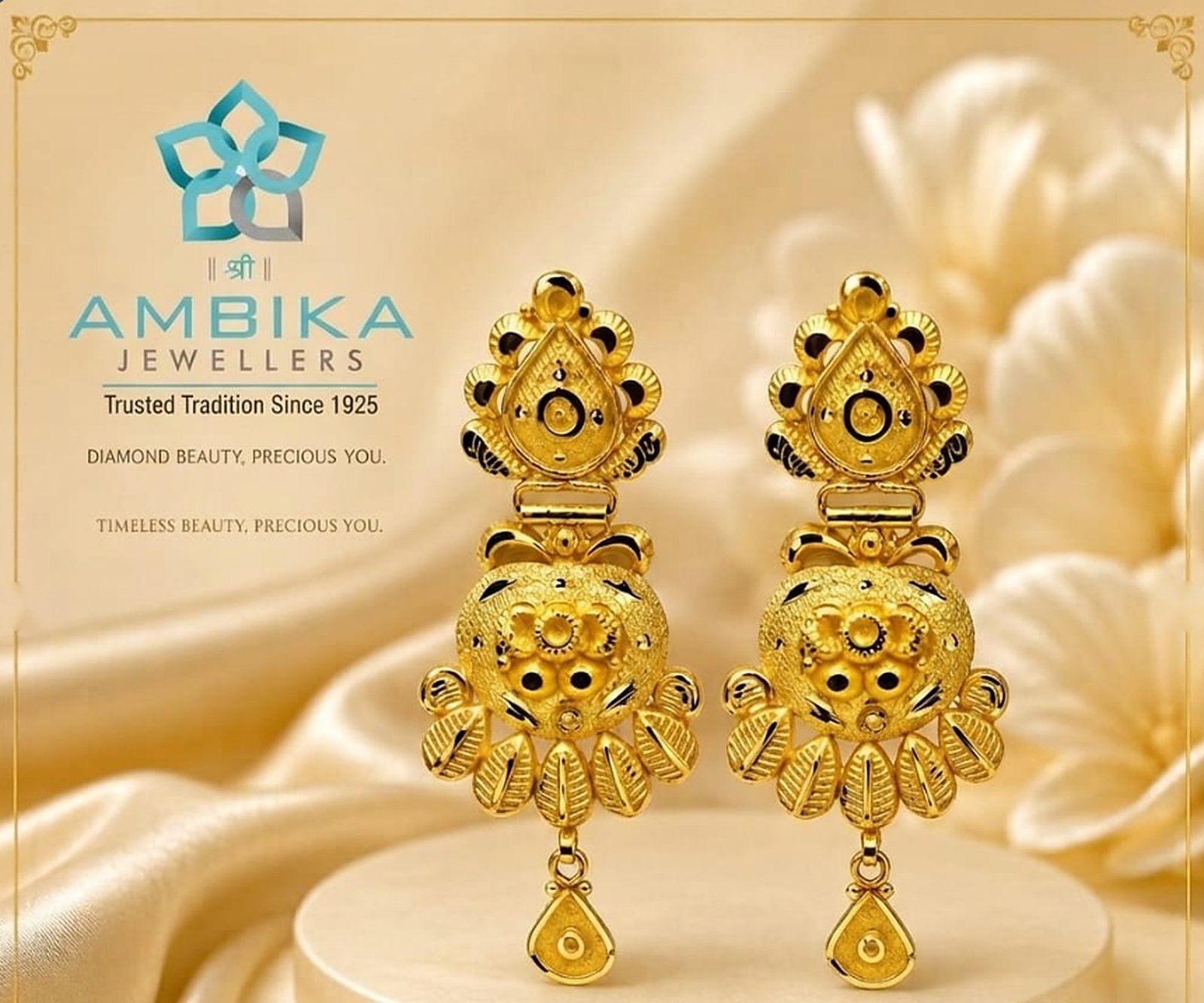 Gold drop earrings with traditional carving, Ambika Jewellers Roha
